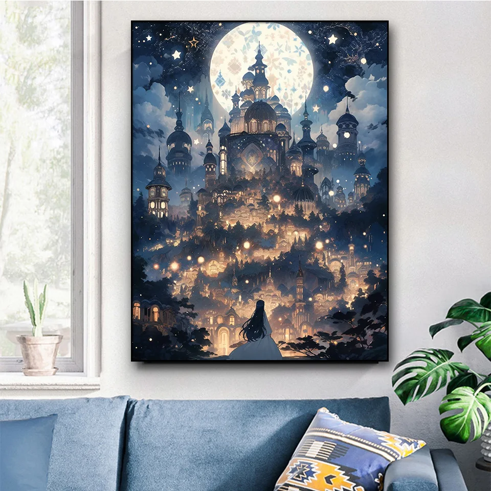 Fantasy Mesiac Hrad Krajina Plná Diy Diamond Maľovanie Sen Noci Hrad Diamond Výšivky Mozaiky Vianočné Domova
