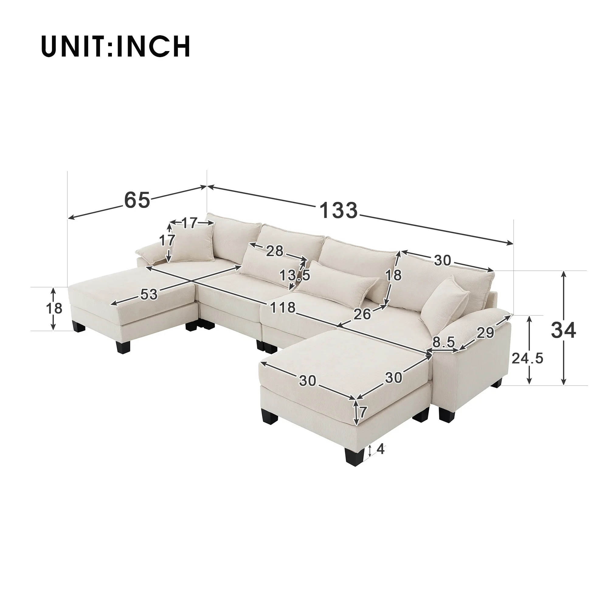 Menčester Modulárny Sectional Sofa, U Tvarované Gauči s Opierkou Tašky, 6 Sedadla Voľne Kombinovateľné rozkladacia Pohovka,Pohodlné a Vnútorné
