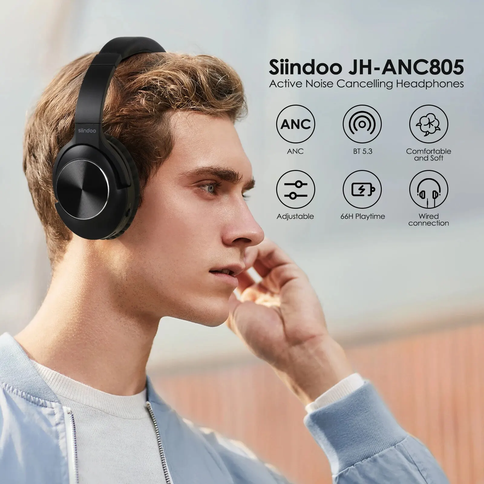 Siindoo Aktívne potlačenie Šumu Slúchadlá, Bezdrôtové Cez Ucho Bluetooth 5.3 Headset, 65 Hodín Prehrávania, Hlboké Basy, Vstavaný Mikrofón