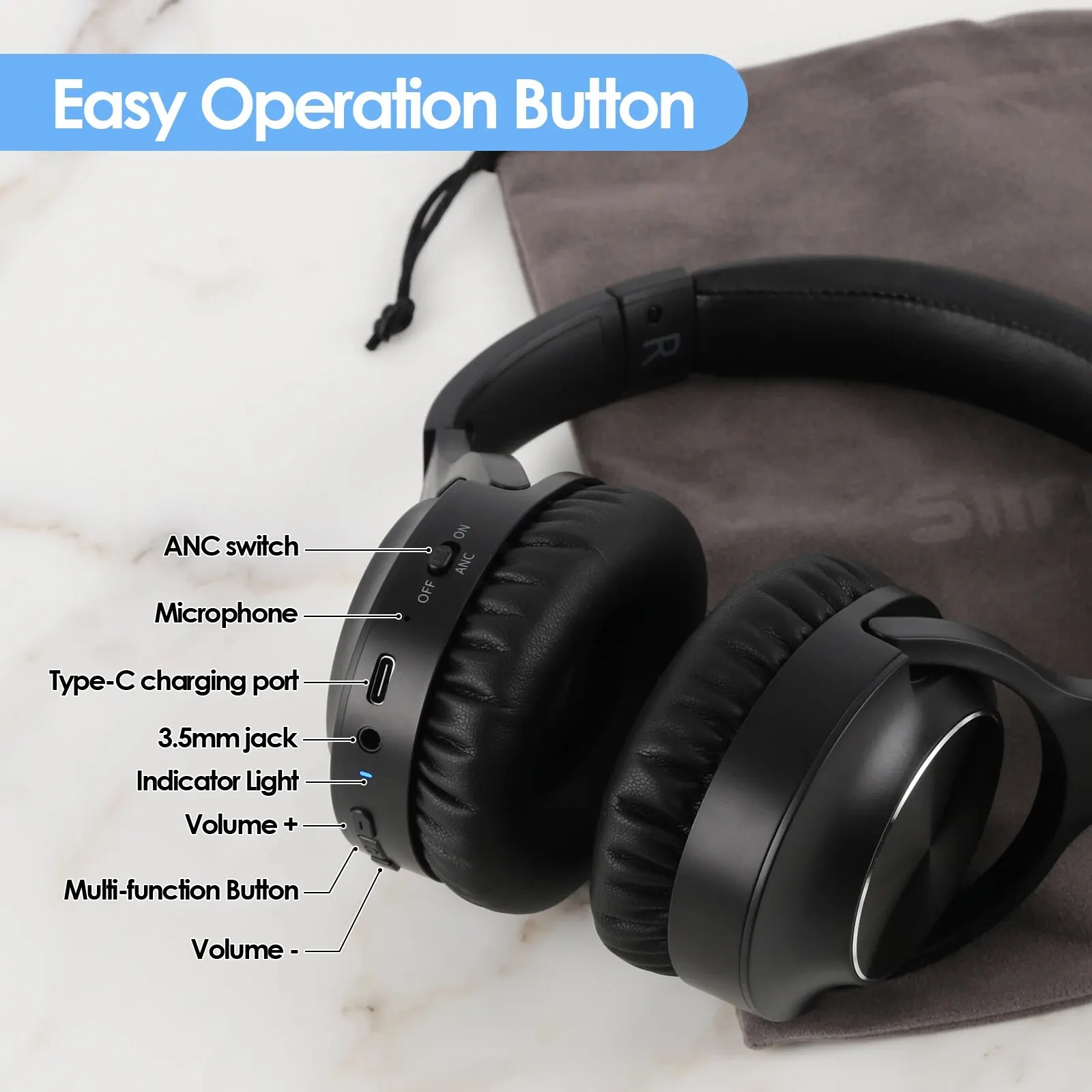 Siindoo Aktívne potlačenie Šumu Slúchadlá, Bezdrôtové Cez Ucho Bluetooth 5.3 Headset, 65 Hodín Prehrávania, Hlboké Basy, Vstavaný Mikrofón
