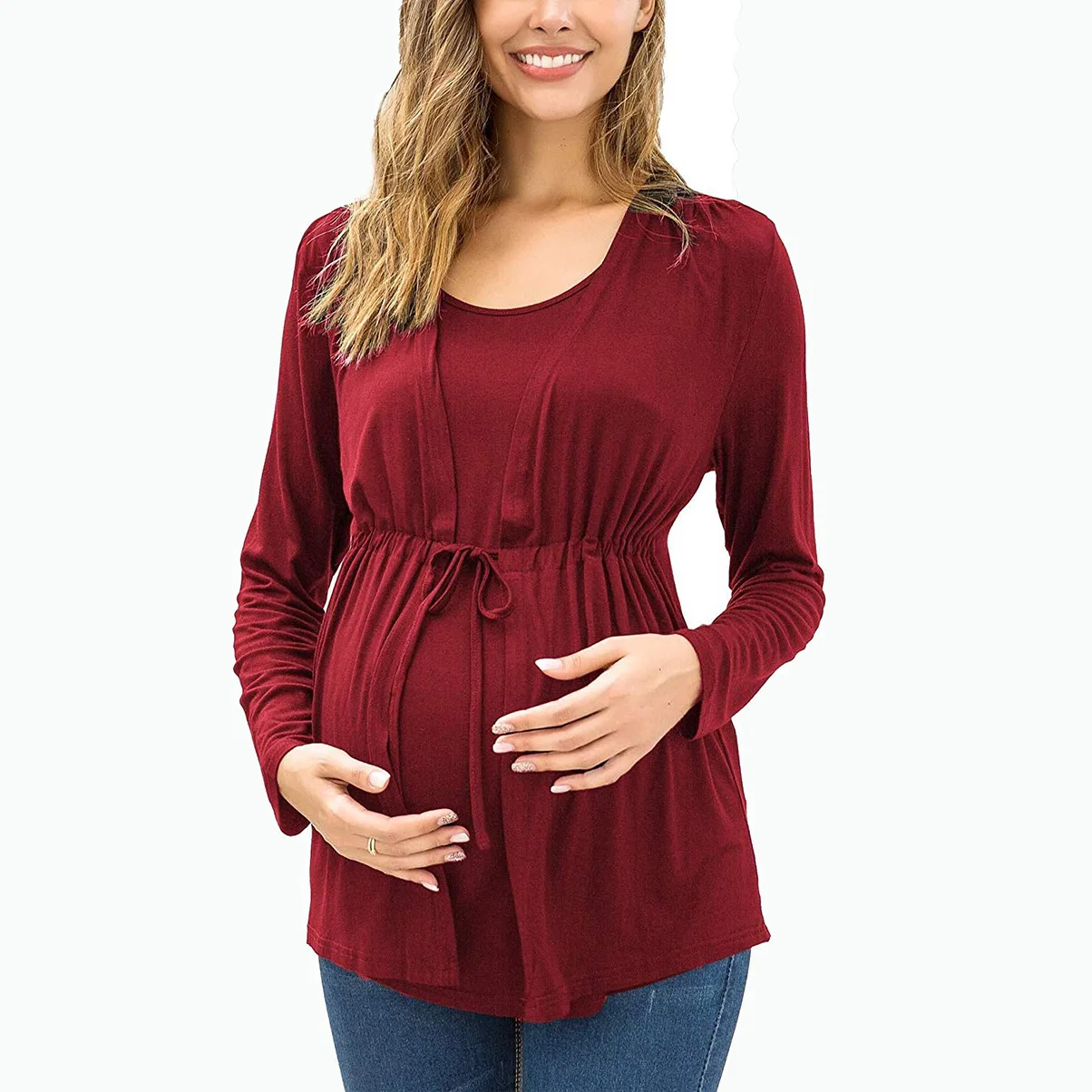 Tehotné Ženy Jeseň Zima Dojčenie Dlhé Rukávy Okrúhle Krčný Zviazať Proti Oslneniu Tehotná Žena T-shirt Odchádzajúce Kabát