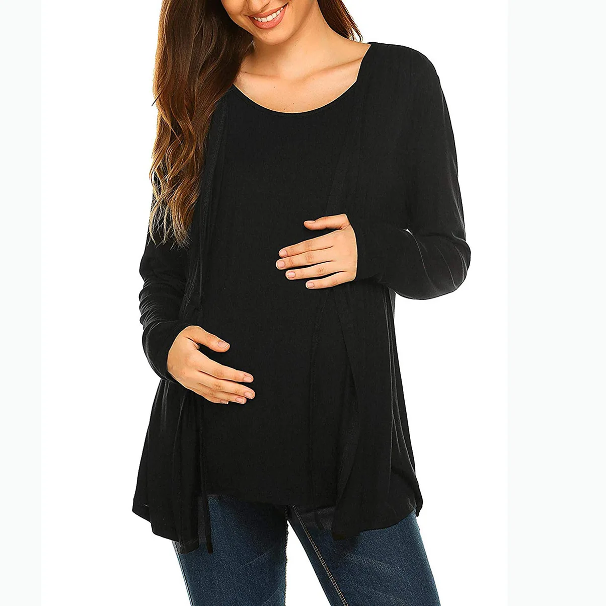 Tehotné Ženy Jeseň Zima Dojčenie Dlhé Rukávy Okrúhle Krčný Zviazať Proti Oslneniu Tehotná Žena T-shirt Odchádzajúce Kabát