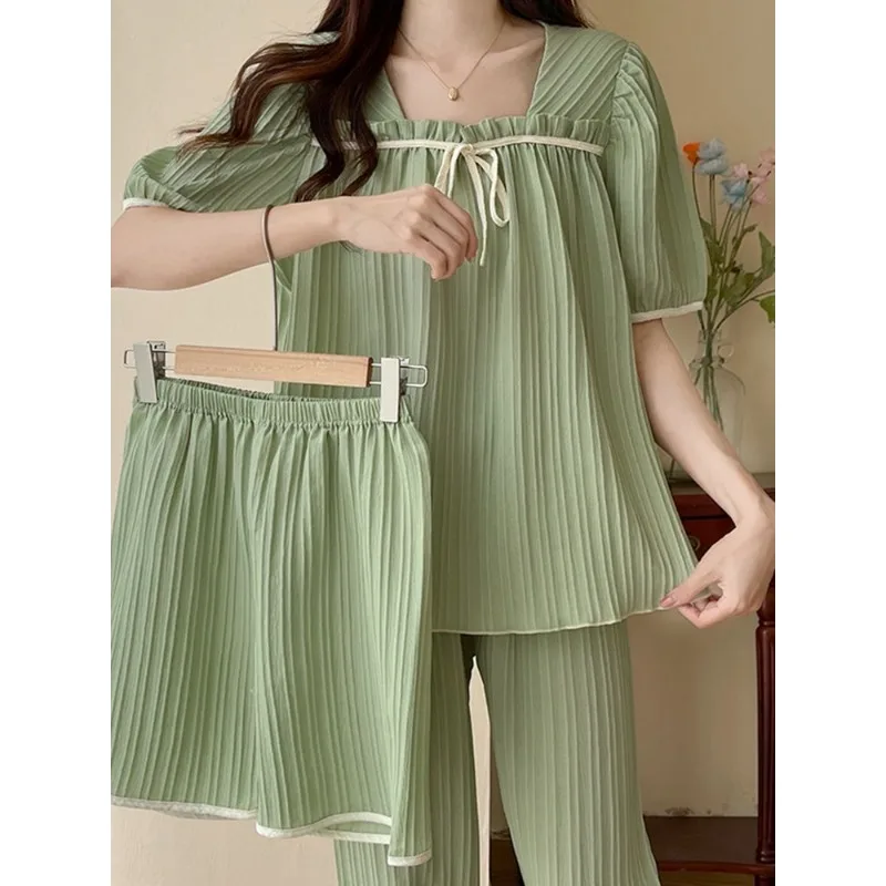 Kórejská verzia krásne princezná vietor pajama žena lete zelené krátkym rukávom, krátke nohavice tri nastaviť domáce oblečenie môžete nosiť mimo