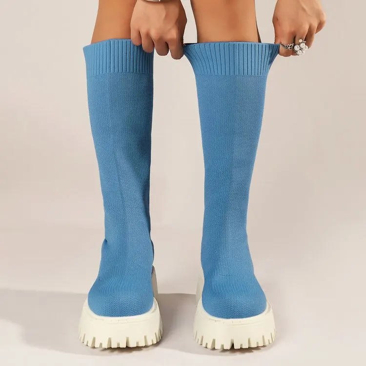 2024 Zimné Pletenie Úsek Ponožky, Topánky Hrubé Jediným Žien Polovici Teľa Topánky Robustný Podpätky Slim Platformu Topánky