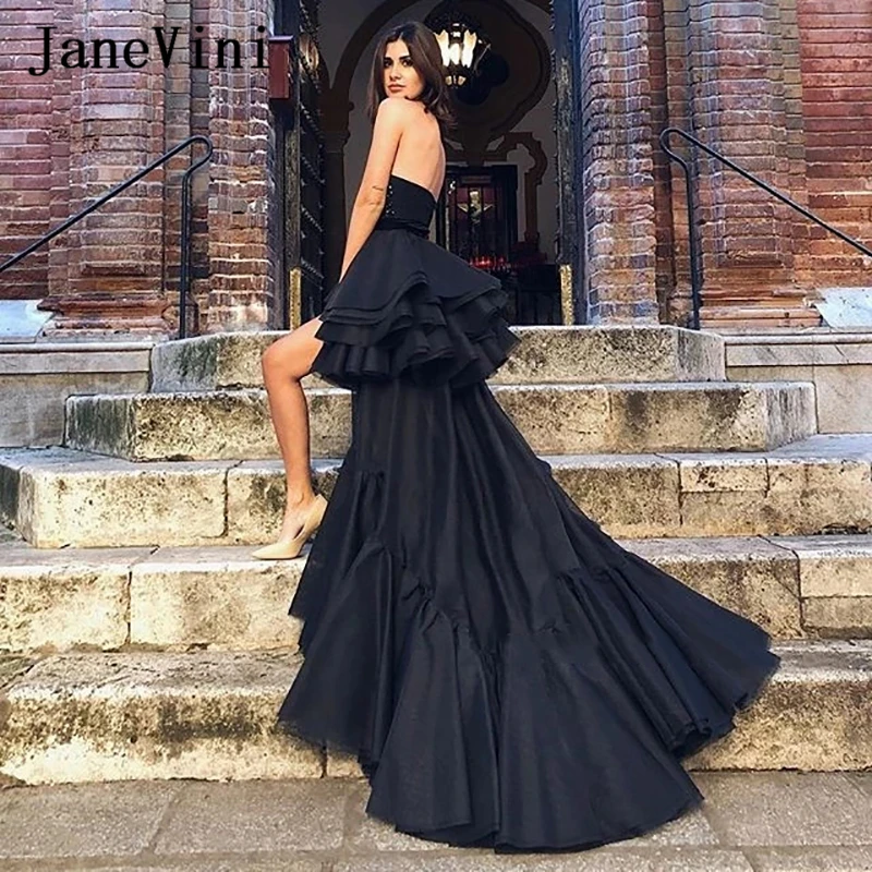 JaneVini 2020 Sexy Čierne Vysoké-Nízke Dlho Afriky Večerné Šaty Milú, Perlové Viazané Volánikmi Satin Ženy Formálne Večeru Šaty