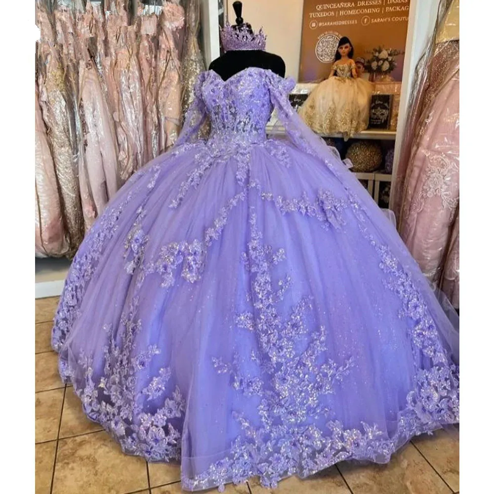 Levanduľa lila Quinceanera Šaty s dlhým rukávom 3D Kvety Appliques Krajky-up prom Sweet 16 Princezná Dresse vestidos de 15 años