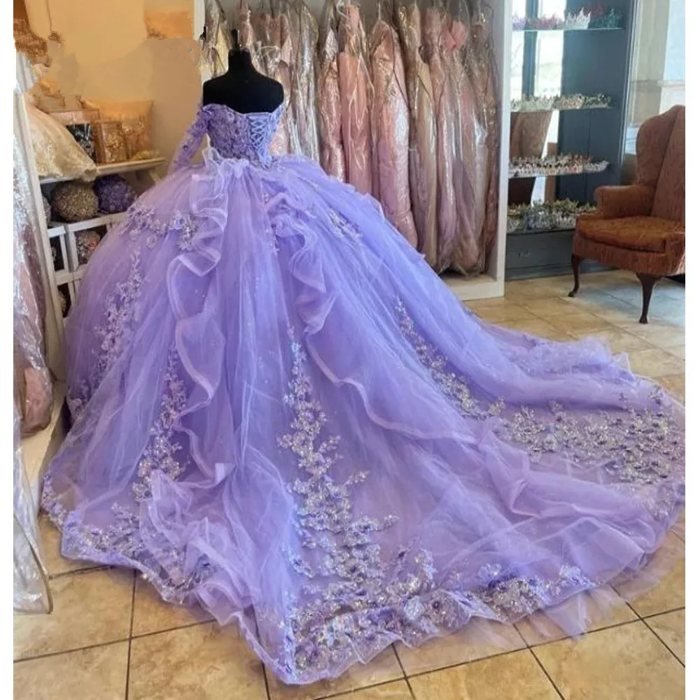 Levanduľa lila Quinceanera Šaty s dlhým rukávom 3D Kvety Appliques Krajky-up prom Sweet 16 Princezná Dresse vestidos de 15 años