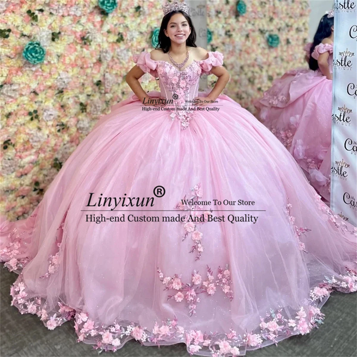 Ružová Mimo Ramenný Quinceanera Šaty 3D Kvety Mexickej Vestidos De 15 Formálne Elegent Princezná Čipky Narodeniny Sweet 16 Šaty