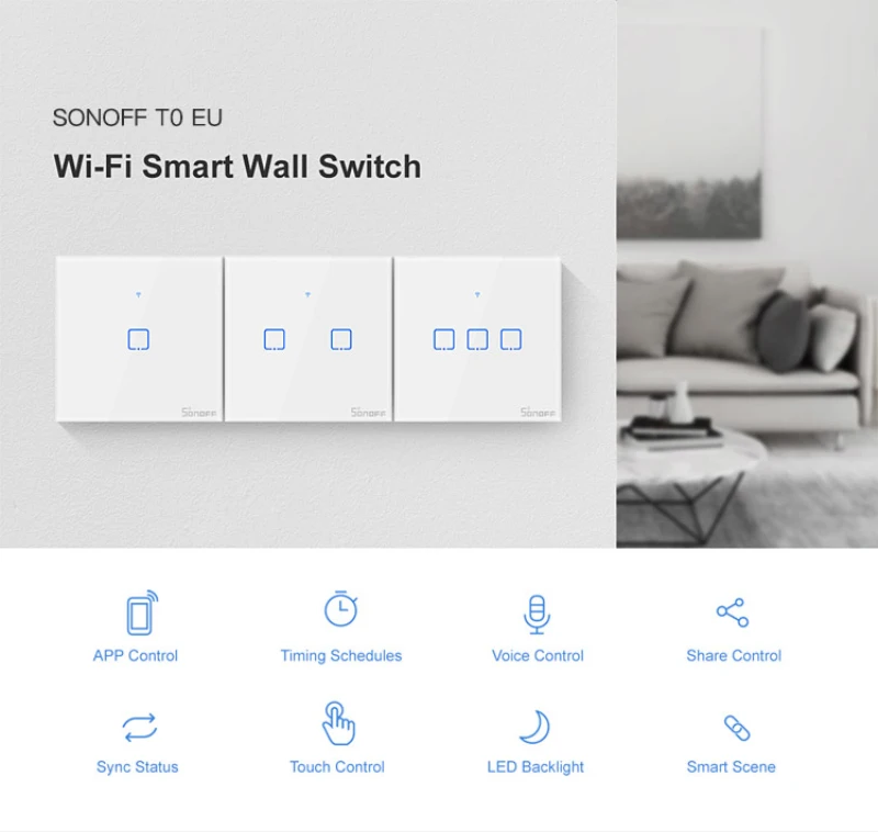 SONOFF Interruptor WiFi EWeLink SONOFF T0 Smart Switch 1 2 3 Gangy Smart Home EU, UK, US WiFi Prepínať Cez Alexa Asistent Google