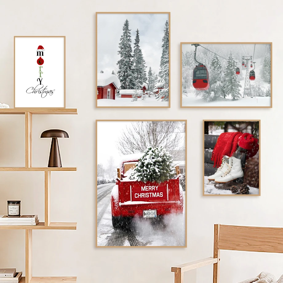 Veselé Vianočné Borovice Truck Lyžiarsky Vlek Wall Art Plátno Na Maľovanie Nordic Plagáty A Potlačou Obrazov Na Stenu Pre Obývacia Izba Dekor