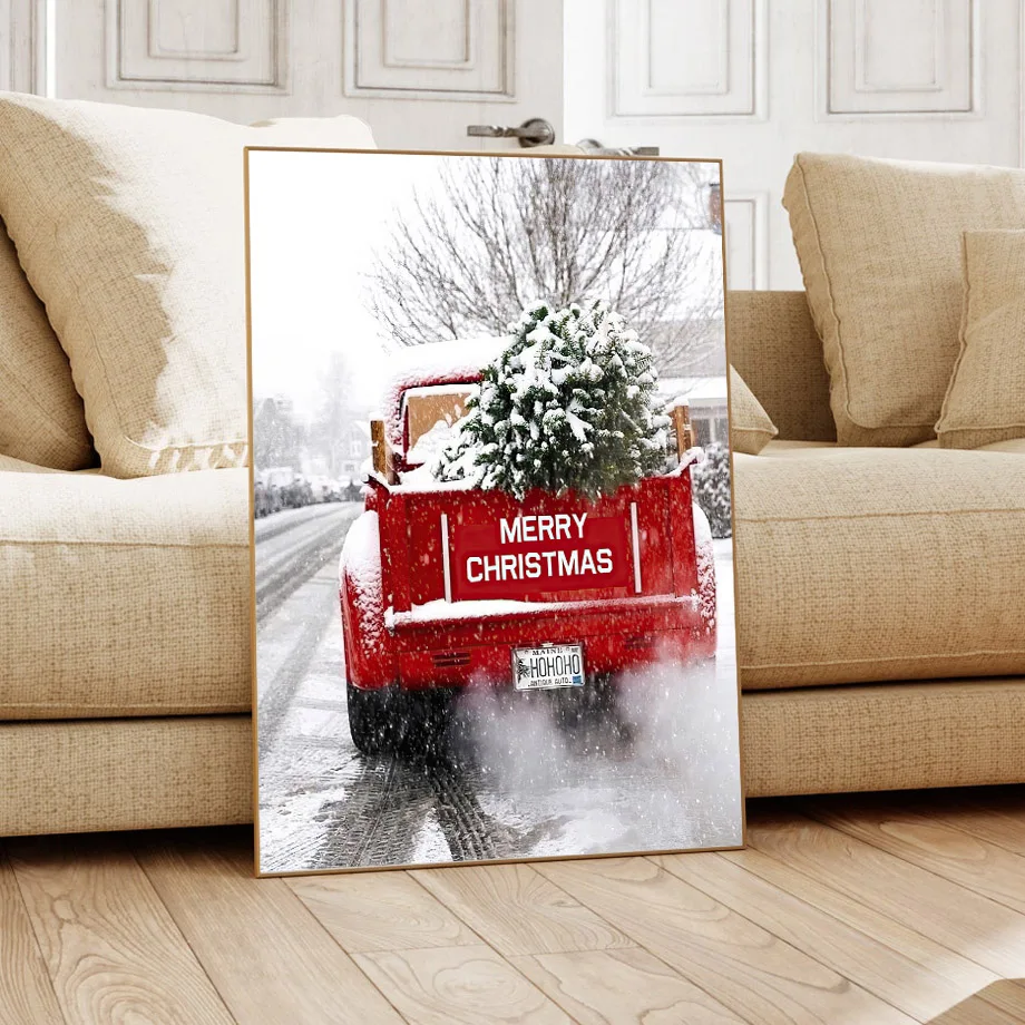 Veselé Vianočné Borovice Truck Lyžiarsky Vlek Wall Art Plátno Na Maľovanie Nordic Plagáty A Potlačou Obrazov Na Stenu Pre Obývacia Izba Dekor
