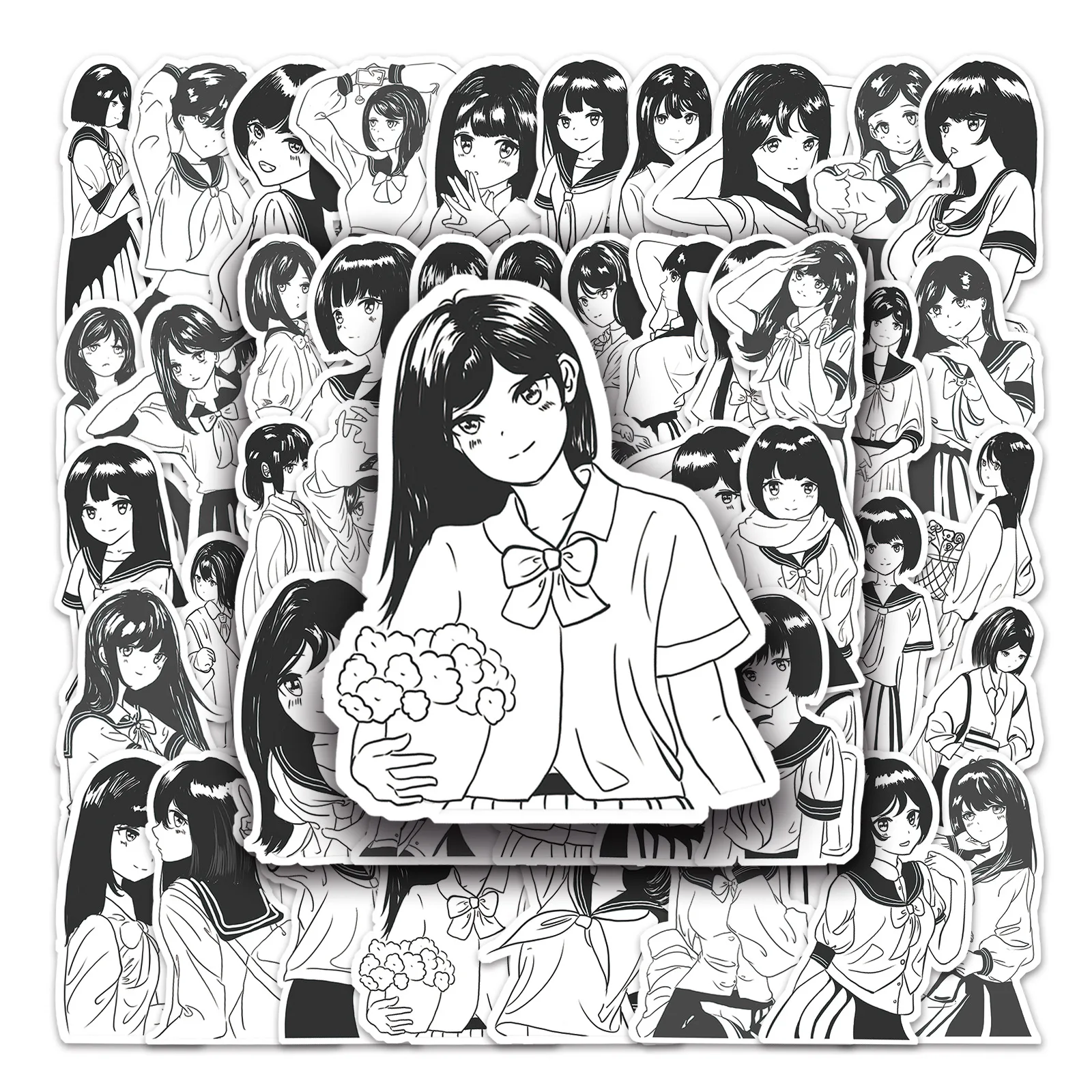50Pcs Japonské Anime Čiernej a Bielej JK Jednotné Roztomilý Dievča Nálepky Cartoon Nepremokavé Odtlačkový DIY Telefón, Notebook, Auto Pohár Deti Hračka B2
