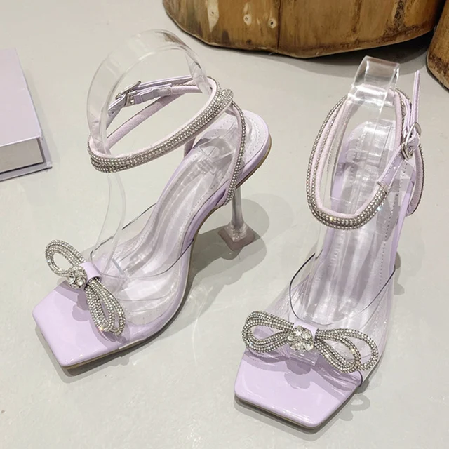 Sexy Transparentné PVC Sandále Ženy 2023 Letné Módy Crystal Drahokamu Bowknot Vysokým Podpätkom Žena Štvorcové Prst Strany Spoločenské Topánky
