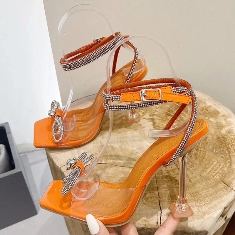 Sexy Transparentné PVC Sandále Ženy 2023 Letné Módy Crystal Drahokamu Bowknot Vysokým Podpätkom Žena Štvorcové Prst Strany Spoločenské Topánky