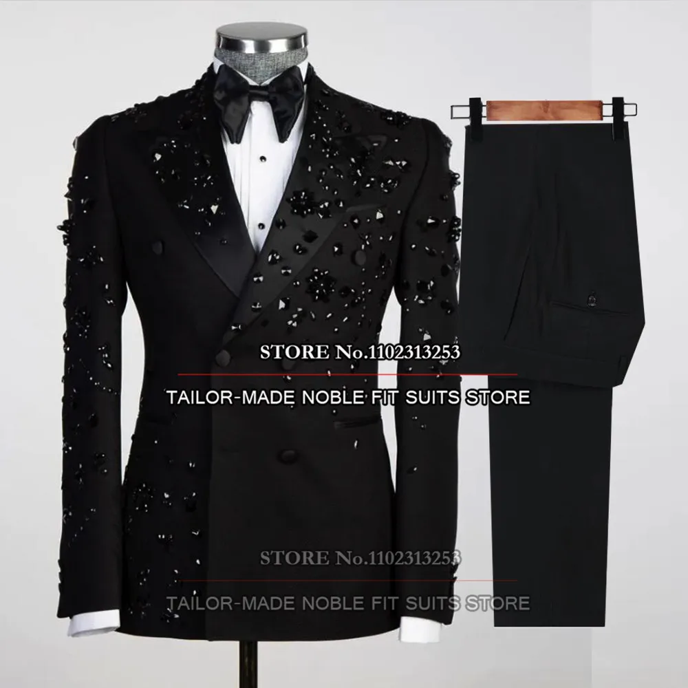 Black Nevesty Svadobné Obleky Formálny Banket Strany Dvojité Breasted Bunda, Nohavice 2 Ks Diamanty Lištovanie Prom Sako Sady Muž Šaty