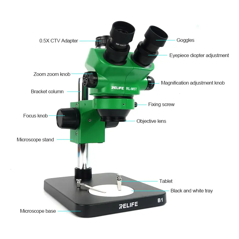 RELIFE RL-M5T-B3 Trinocular Stereo Mikroskopom S Kamerou & Displej 7-50 Krát Zoom Continuous Telefón Opravy testovací Nástroj
