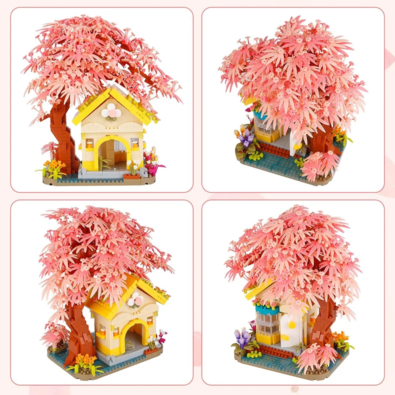 1500PCS, ktorí Chcú Sakura Strom Stavebné Bloky Micro Častíc Tehly Ružový Dom s Zostaviť Obrázok Hračky Narodeniny Darček pre Deti