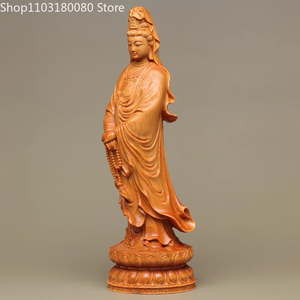 Útesu cypress Krušpán drevorezbárstvo stojí lotus recitovať korálky Guanyin sochu budhu Čínsky Šťastie socha bohyne