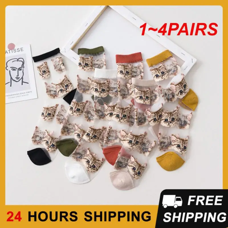 1~4PAIRS Harajuku Roztomilé Priehľadné Roztomilé Mačka Tlače Ultra-tenké Ženy Trubice Ponožky Trubice Ponožky Módne Trendy Jedinečný Mačka Kreslených Mačka