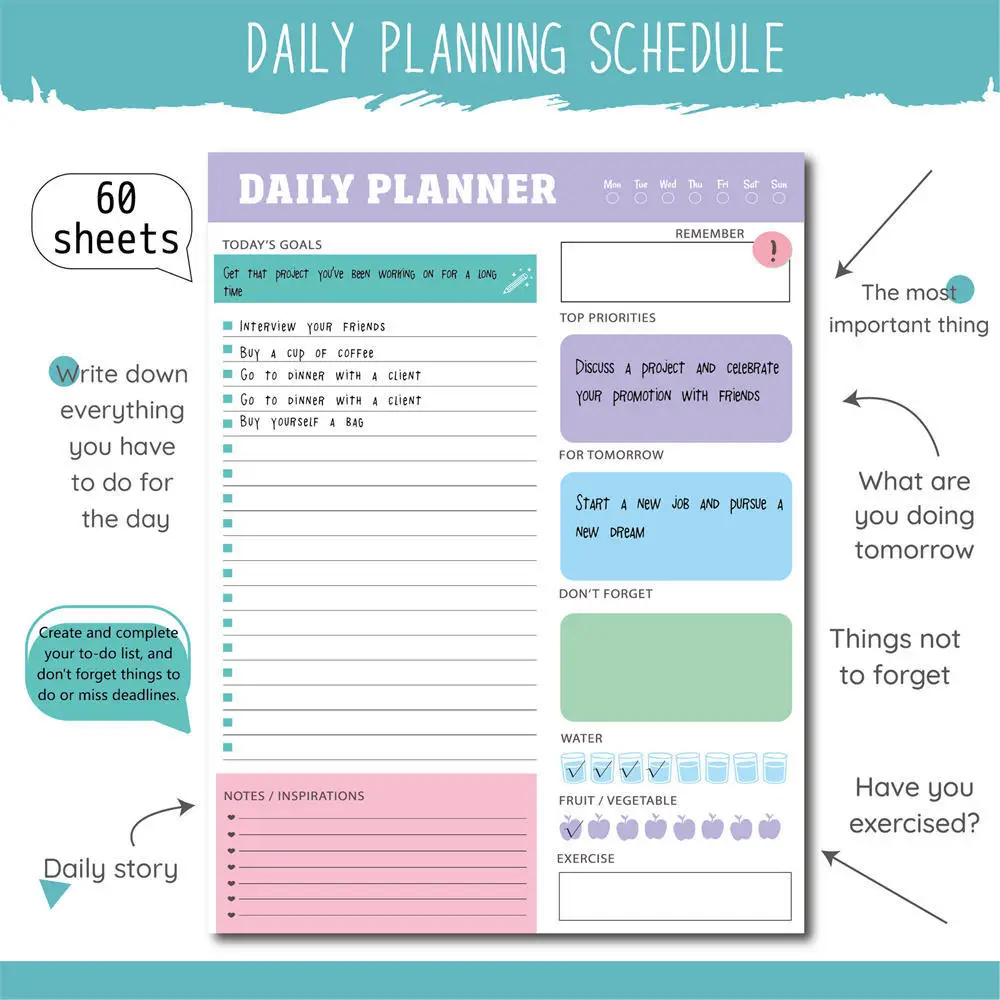 60 Listov Denné Vedomie Plán Planner Týždenný Mesačný Plánovač Tearable Plán Memo Pad Do Zoznamu Čas Anglický Notebook 