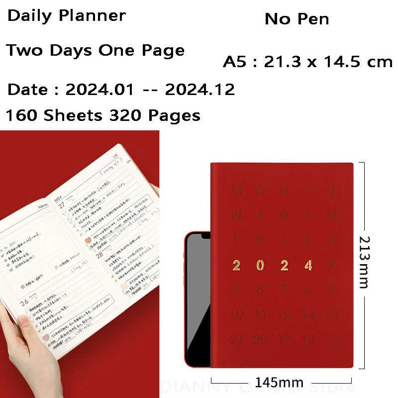 Program 2024 Plánovač Organizátor Denne Notebook a Vestník Kalendár, Diár A5 Sketchbook Office poznámkový blok, Písacie potreby Poznámka Knihu Bullet
