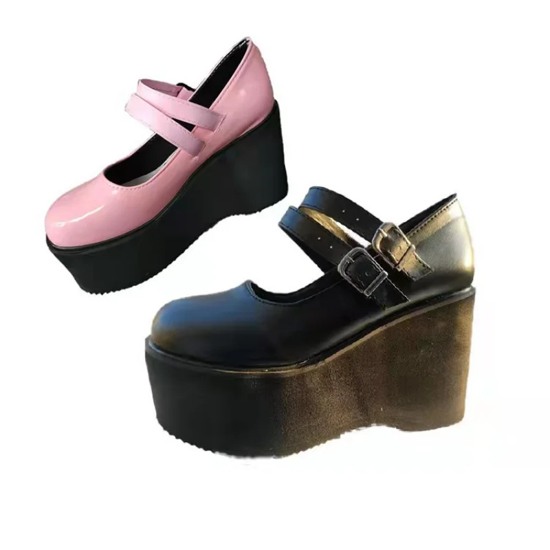 Vintage Kolo Prst Patent Kožené dámske Topánky Mary Jane Topánky na Platforme Klin Plytké Úst Topánky Zapatos De Mujer