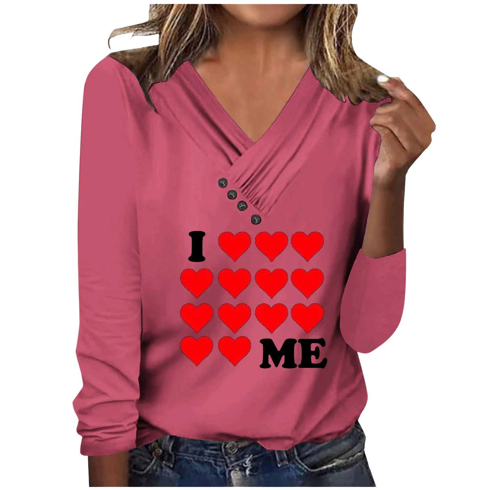 Valentína list lásky vytlačené top T-shirt dámske ležérne jeseň dlhým rukávom v-neck tlačidlo pulóver Tees Top pre Ženy