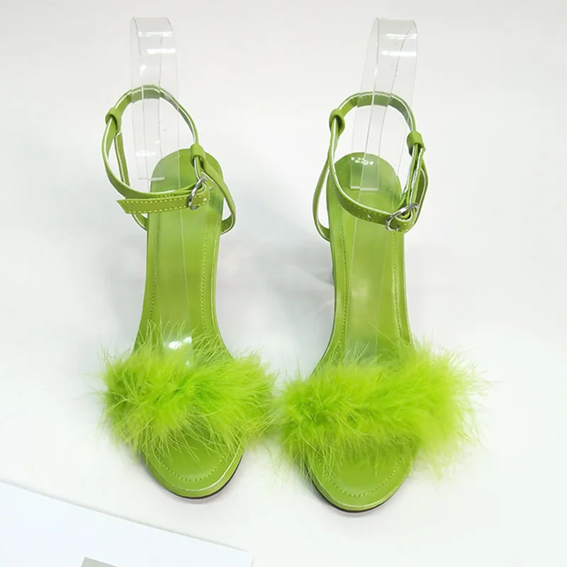 Zelené Pierko Sandále Žena Otvorené Prst Ružové Kožené Kovové Duté Zvláštne Vysoké Podpätky Pre Ženy Sexy Party Topánky