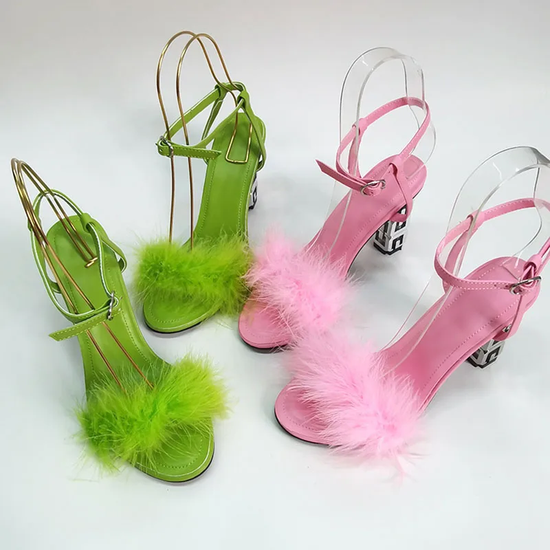 Zelené Pierko Sandále Žena Otvorené Prst Ružové Kožené Kovové Duté Zvláštne Vysoké Podpätky Pre Ženy Sexy Party Topánky