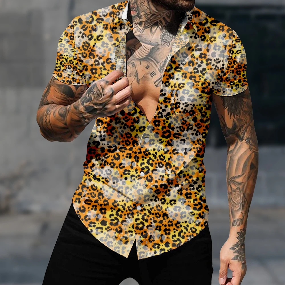 Bežné Havajská Košeľa Krátky Rukáv Ročníka Tričko Pre Mužov Leopard Škvrny Harajuku Y2k Módne Gotický Streetwear Útulný Oblečenie