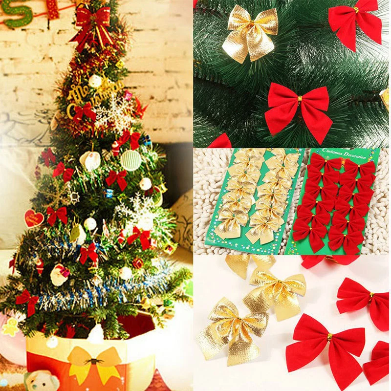 12pcs Vianočné Luk Dekorácie na Vianočný Stromček Visí Ozdoby Zlaté Červená Bowknot Na Vianočný Veniec Nový Rok 2024 Navidad Darčeky Luk