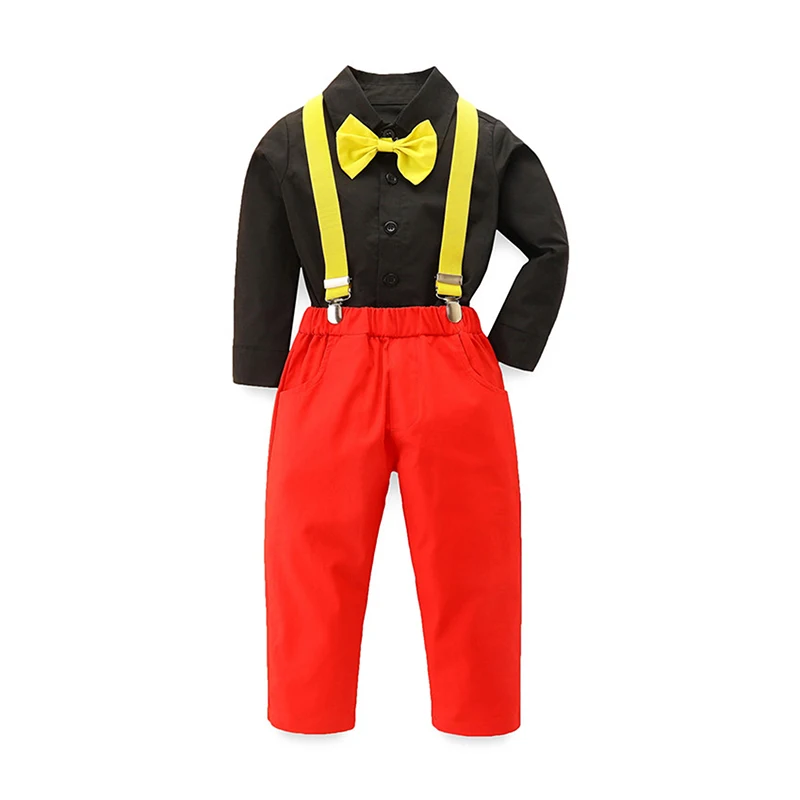 Batole Detské Chlapčenské Oblečenie s Dlhým Rukávom Bowtie Tričko Podväzkové Nohavice 2ks Jeseň Zima Gentleman Oblečenie Set