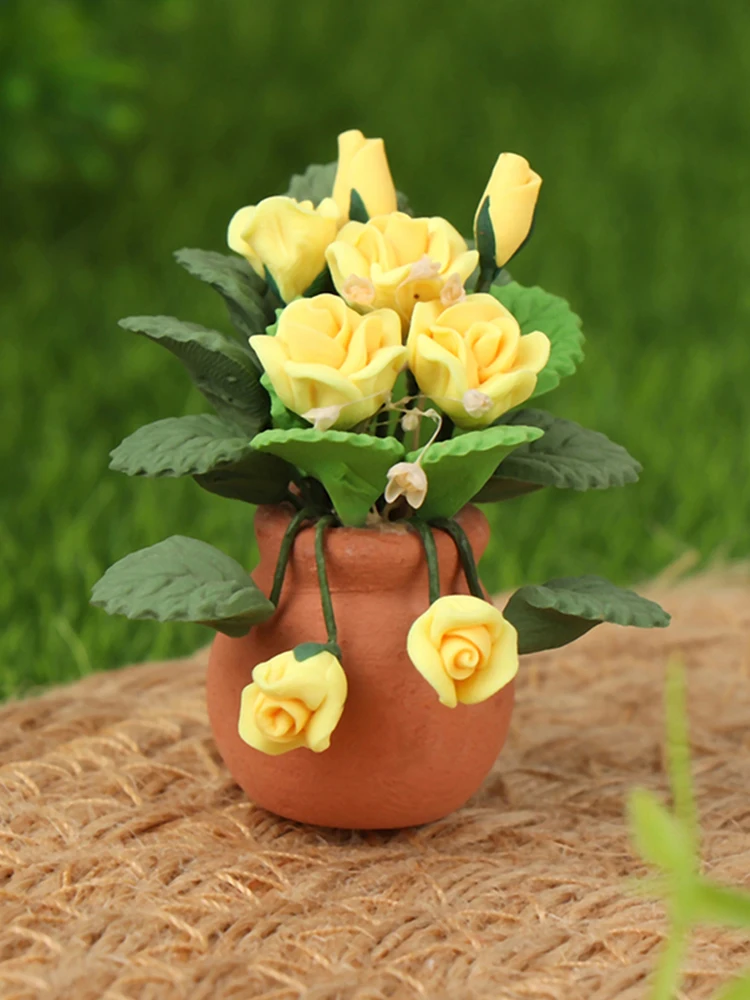 1:12 Domček Pre Bábiky Miniatúrne Žlté Ruže, Črepníkové Rastliny, Kvety Hrniec Model Rozprávková Záhrada Dekor Hračka