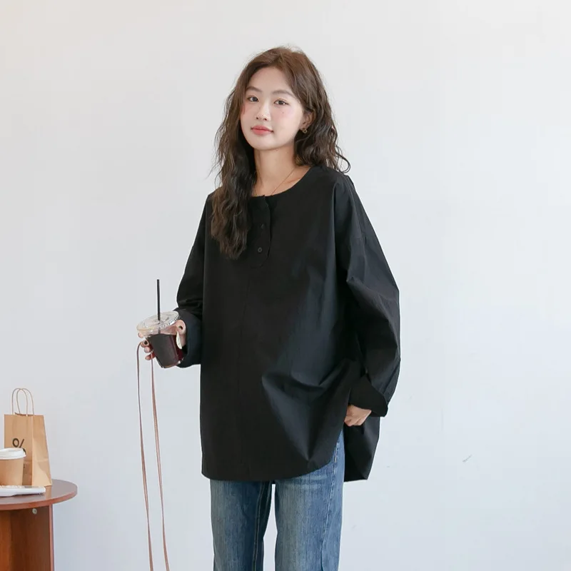 *Na jar a na jeseň materskej šaty kórejská verzia kolo krku predné tlačidlo tričko dlhý rukáv voľné veľké veľkosti top