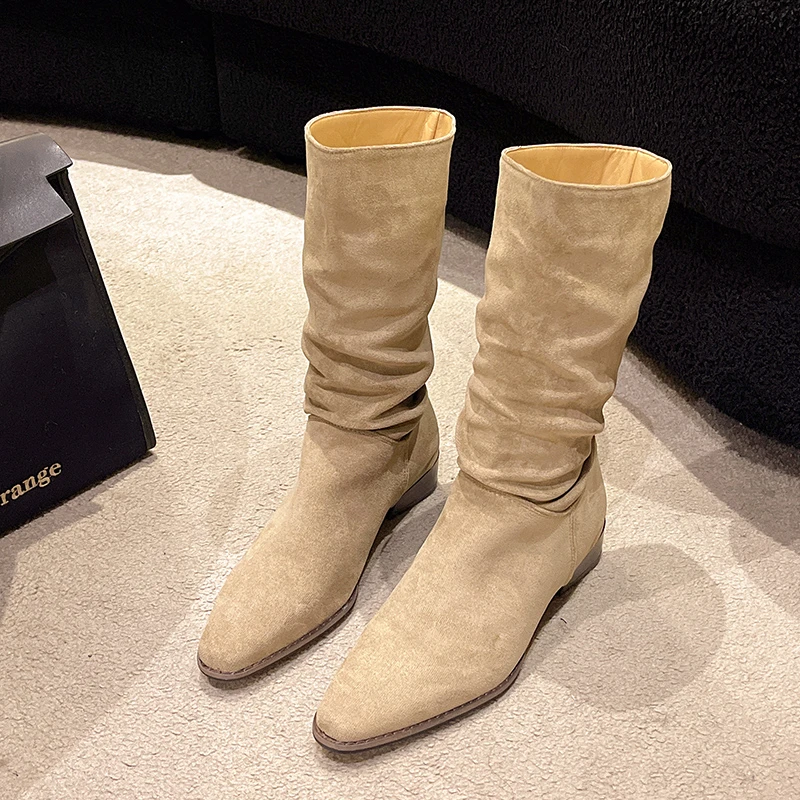 Zimné Nové Chelsea Boots Sexy Poukázal Semiš Pull-Dizajn Značky Žien Polovici teľa Topánky Britský Štýl Kovboj Žien Vysoké Topánky