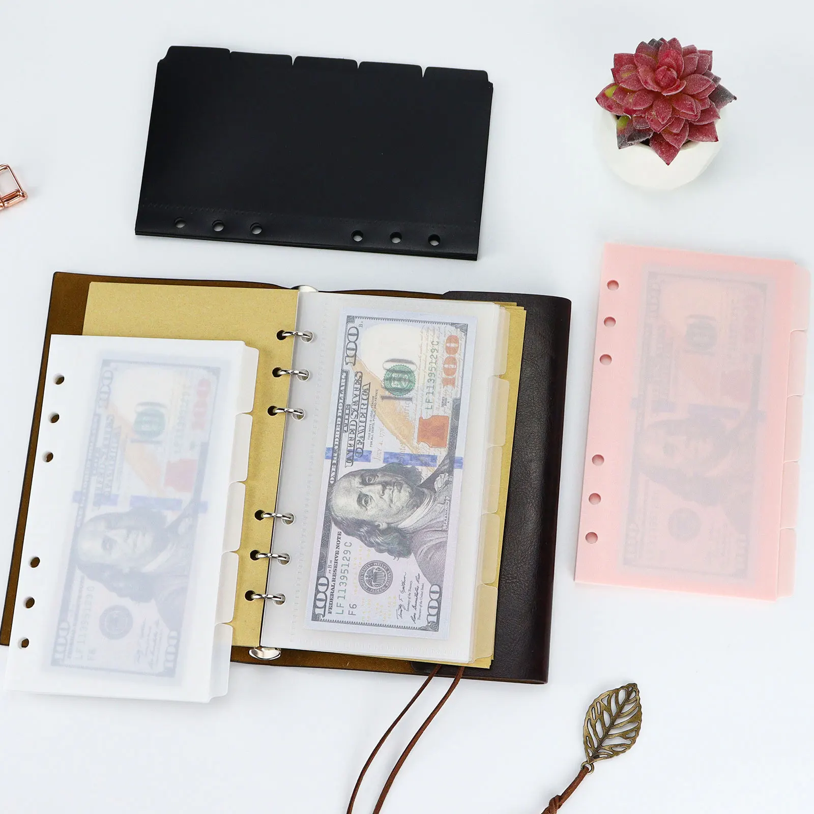 A6 5 ks Black Pink Binder Vrecká Binder Zips Priečinky pre 6-Krúžok Notebook Delič Stránke Nepremokavé PVC List, vypĺňanie Dokumentov Taška
