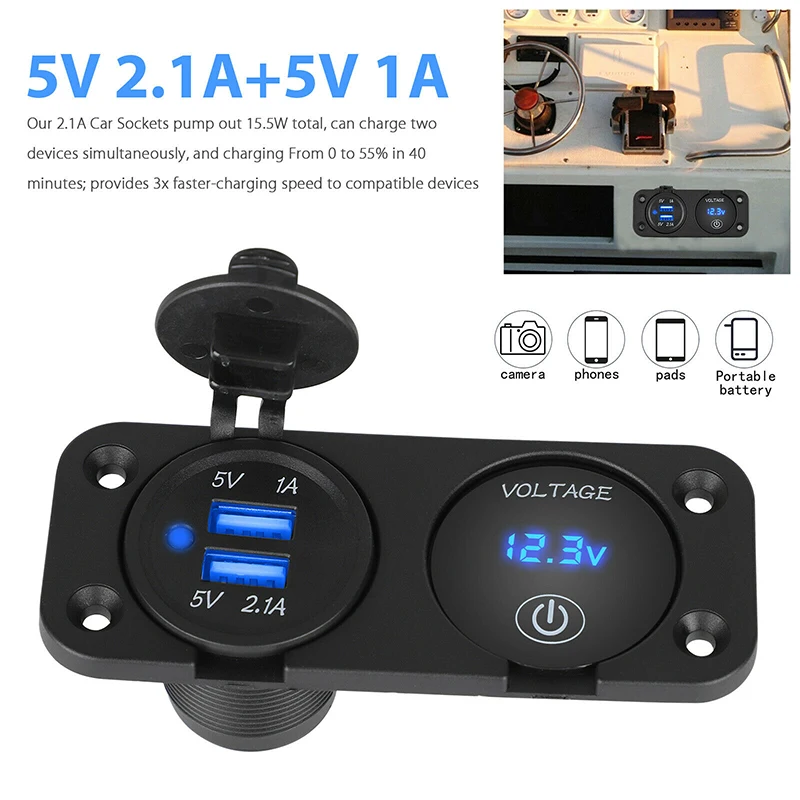 Najnovšie Dual USB Modrá LED Auto Nabíjačky, 12V Zásuvka 2 Diery Panel Prepínať Nabíjačka+Voltmeter Monitor Automobilových Náhradných Dielov