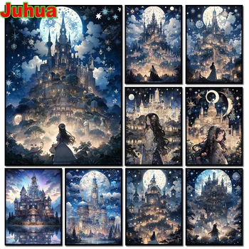 Fantasy Mesiac Hrad Krajina Plná Diy Diamond Maľovanie Sen Noci Hrad Diamond Výšivky Mozaiky Vianočné Domova