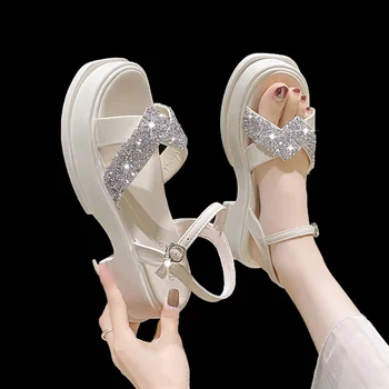 Rimocy Bling Crystal Platformu Sandále Ženy 2023 Členková Pracka Hrubé Dno Sandles Žena Fashion Kamienkami Luk Sandalias Mujer