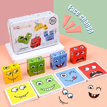 Tvár Zmena Stavebné Bloky Cartoon Kocka Dosková Hra Drevené Puzzle Montessori Úzkosť, Stres Úľavu Hračky Pre Deti Deti