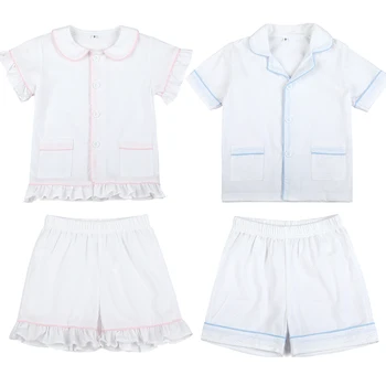 2023 Nový Dizajn Batoľa Oblečenie Biele Seersucker Súrodenec Dieťa Pyžamo Sady Frill 100% Bavlna Zodpovedajúce Rodiny Chlapci Dievčatá Pyjamas