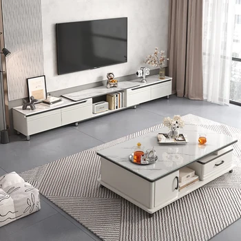 Obývacia izba, malé domáce TV, minimalistický moderné svetlo luxusný čaj stôl so sklom