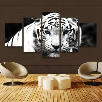 5P biely tiger Obrazy Domova Zvierat Plagáty HD Tlač Wall Art bez rámu 5 Panel Obrázky Plátno Plagát Nie Zarámované 5 Ks