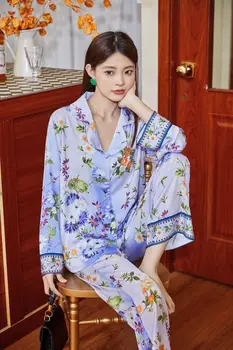 Hodváb Pyžamo Sady pre Ženy 2 ks Top+Nohavice Pijamas 2023 Saténová Potlačená Saténová Lightgown Sleepwear Dámske Oblečenie Domov Vyhovuje