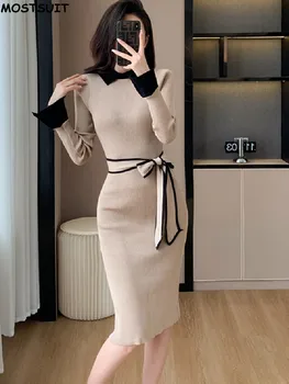 Kórejský Slim Pletené Šaty Pre Ženy Elegantný Plášť Vintage Bodycon Šaty 2024 Jeseň Dlhý Rukáv Zase dole Golier Vestidos Mujer
