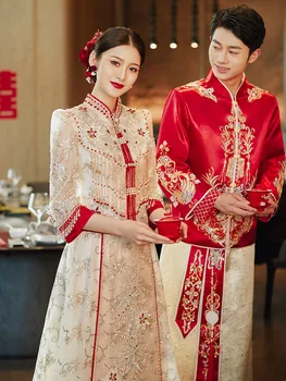 Šampanské Čínske Svadobné Šaty Tradičné Cheongsam Vintage Pár Qipao Sukne Ženy Muž Tang Vyhovovali Orientálne Šaty