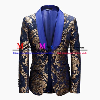 Zlato Kvetinový Žakárové Slim Fit Muži Obleky 2 Ks Modrá Šatka Klope Ženícha Svadobný Oblek Mužskej Módy Prom Smoking Kostým Homme 2023