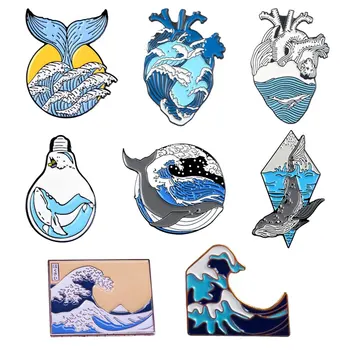 Oceán, More, Vlny Brošne Orgán Srdca žiarovky Veľryba Slnko Tvorivé Odznaky Batoh Denim Jacket Pin Dekorácie