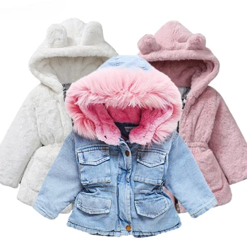 Dievčatá Oblečenie Baby Coats pre Dievčatá Kožušiny Golier Bundy Na Zimu, Jeseň Deti Oblečenie Plus Velvet Hrubý Denim Deti vrchné oblečenie
