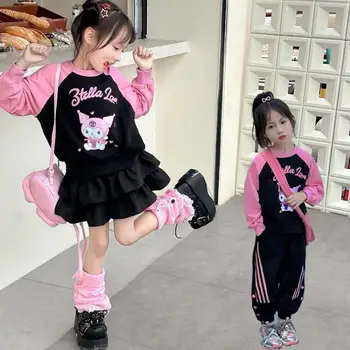 Kawaii Anime Sanrioed Kuromi Deti Oblečenie Dievčatá Bežné Mikina Oblek Nohavice Módne Topy Skladaná Sukňa Dve Kus Vysokej Kvality
